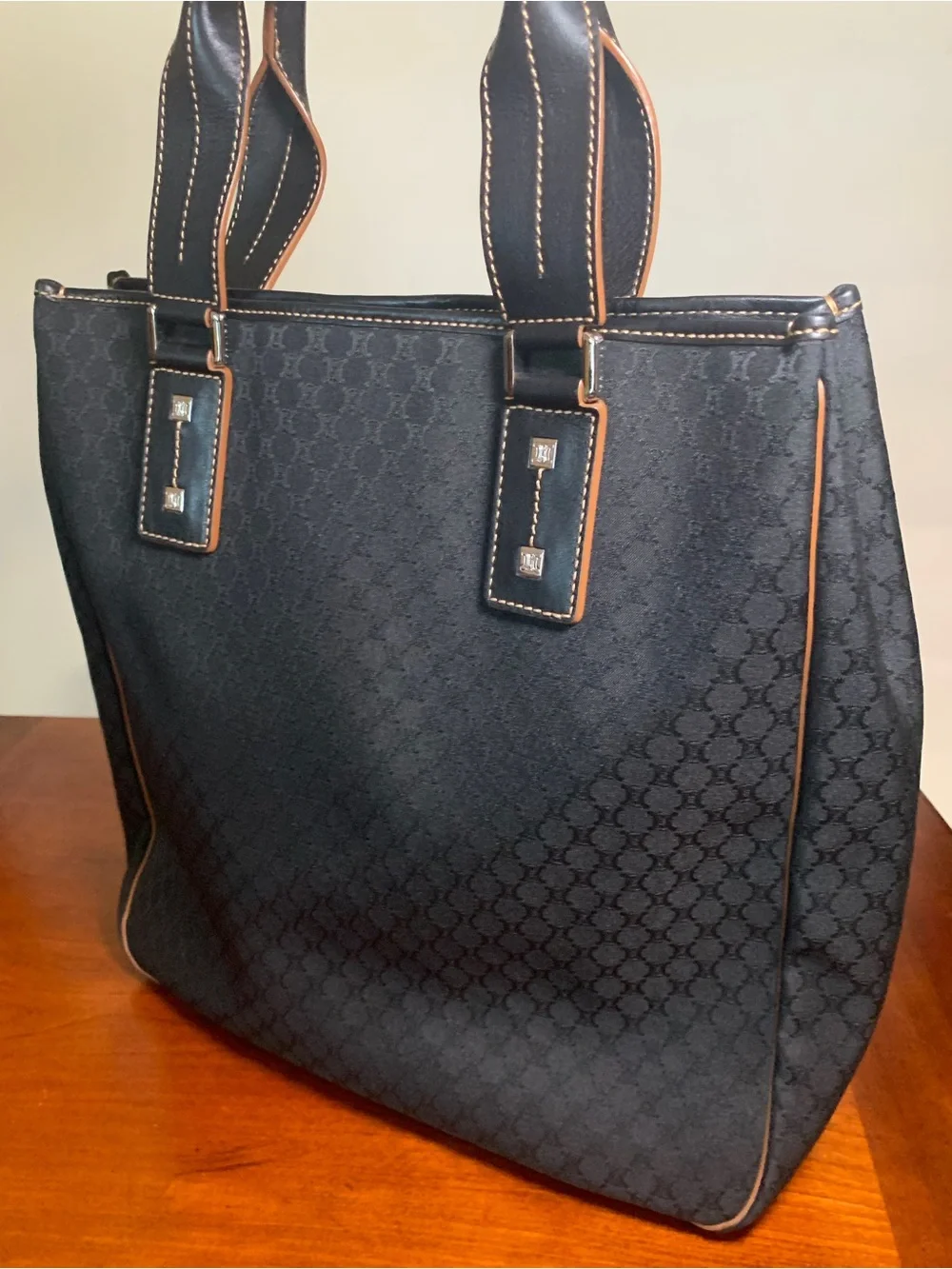Celine Macadam Tote Handbag Black Canvas Leather